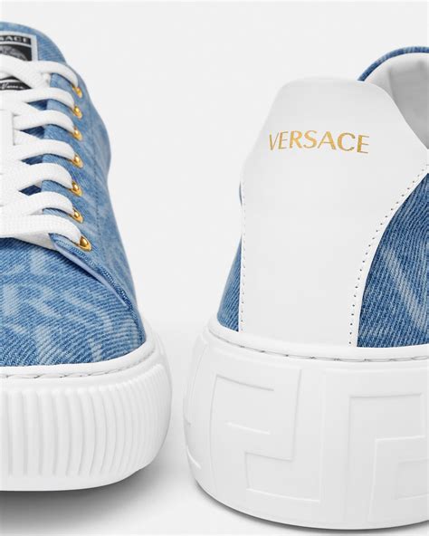 versace allover denim greca sneakers|Versace greca embroidered sneakers.